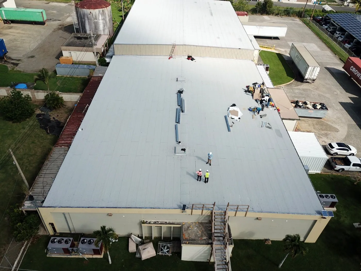 Aerial view of re-roofing work at Becton Dickinson, Cayey